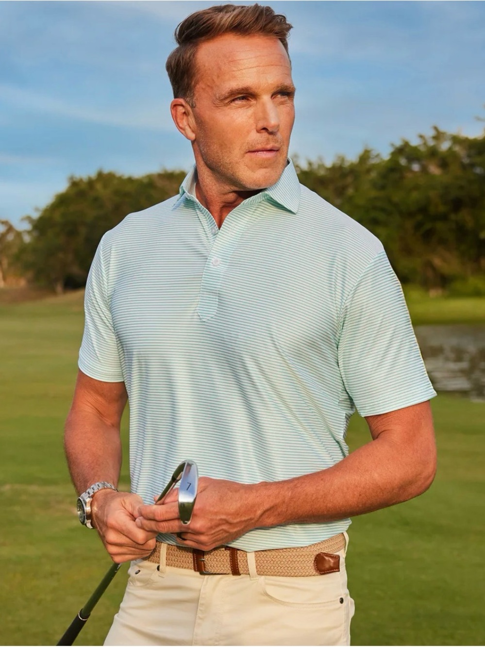 Collars & Co Augusta Green Stripe Polo Shirt Large RLX FIT Dress Collar Perform